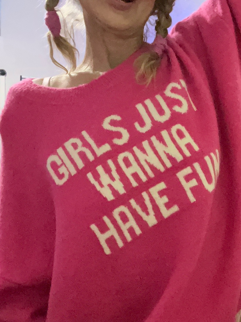 CeCe Hot Pink Crewneck Sweater with White Slogan